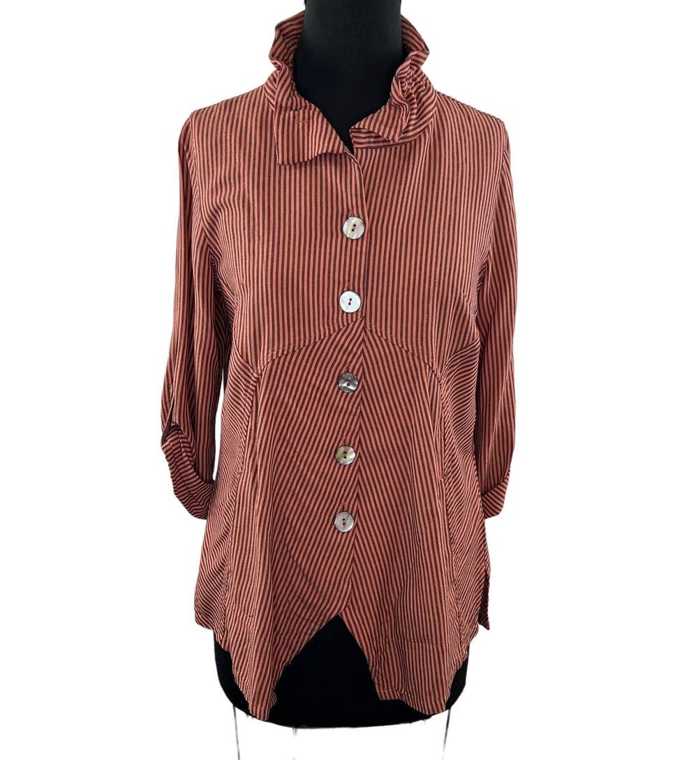 Soft Surroundings Sasha Orange S Tunic Top Striped Print Button-Up Tab Sleeve